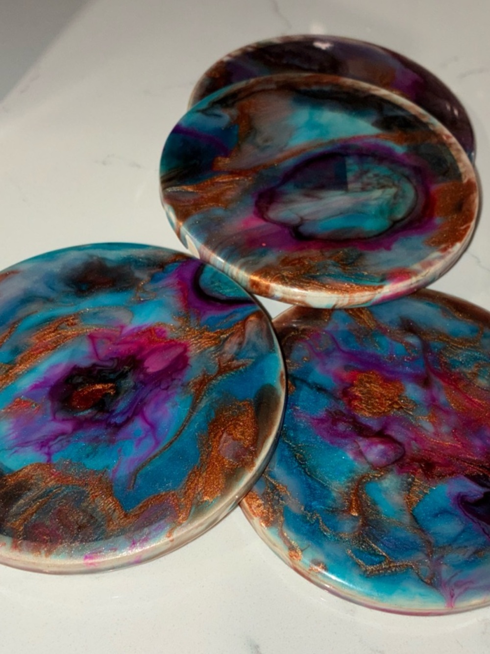 Handcrafted Turquoise, Purple & Copper Resin Coaster Set